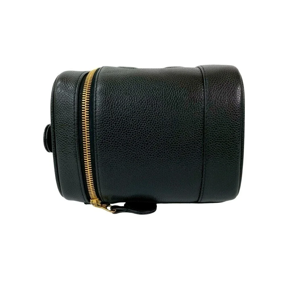 CHANEL Black Caviar Leather Logo Vanity Bag